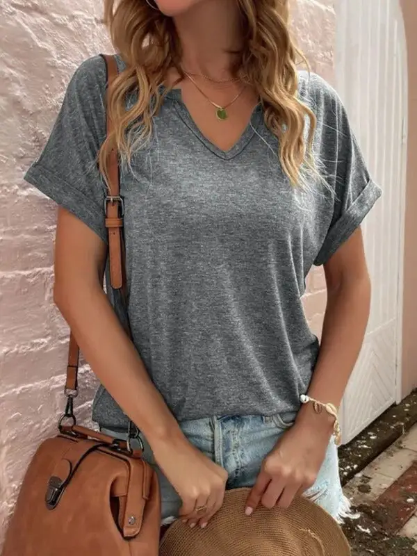Notched-Neck Short-Sleeve Knit Relaxed T-Shirt
