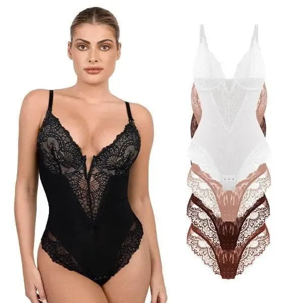 Womens Deep V Lace Bodysuit Built-in Shapewear Breathable Shaping Tops