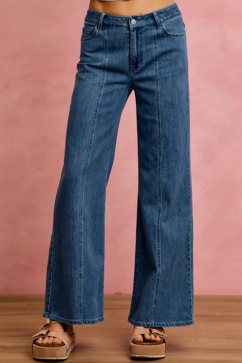 Mid Rise Seam Detail Stretch Denim Jeans