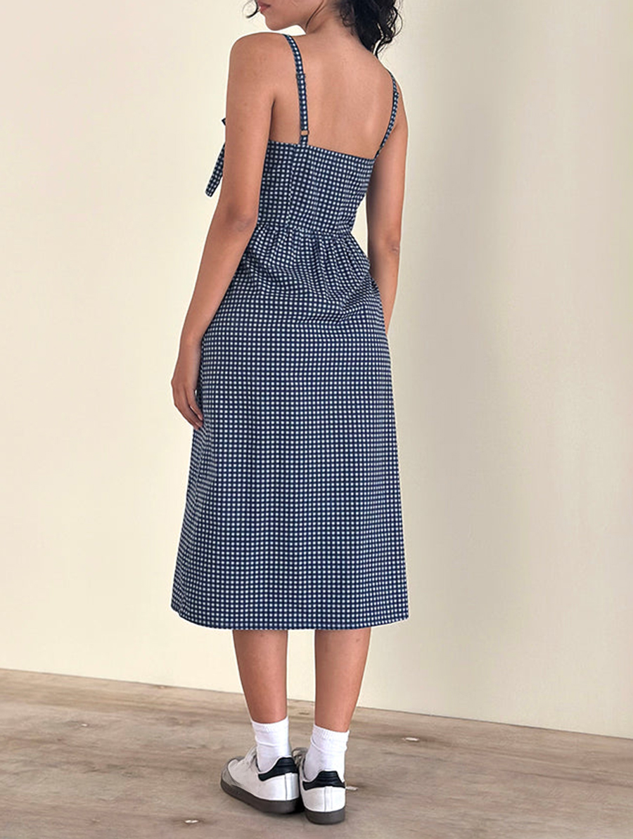 Midi Dress In Mini Dark Blue Gingham