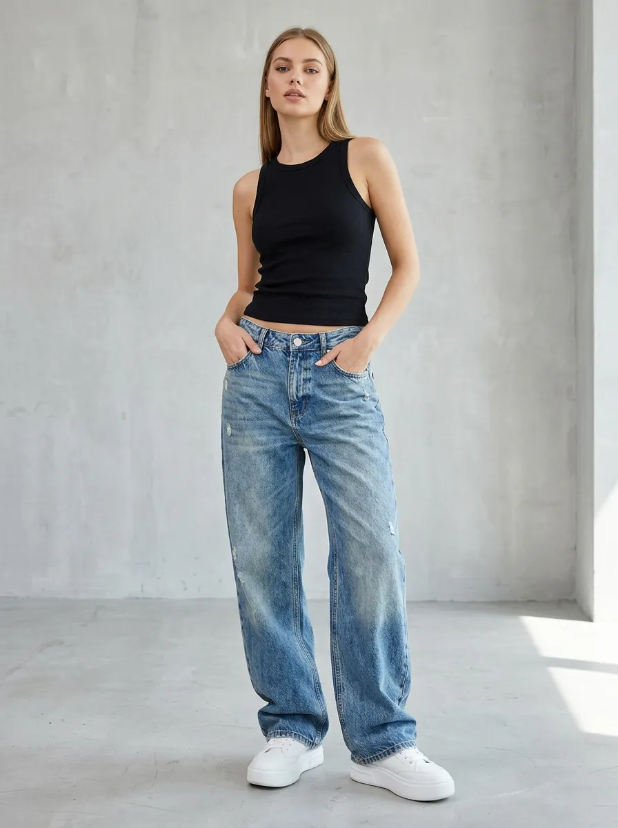 Women's Casual Fashion Distressed Blue Denim Wide Leg Jeans
