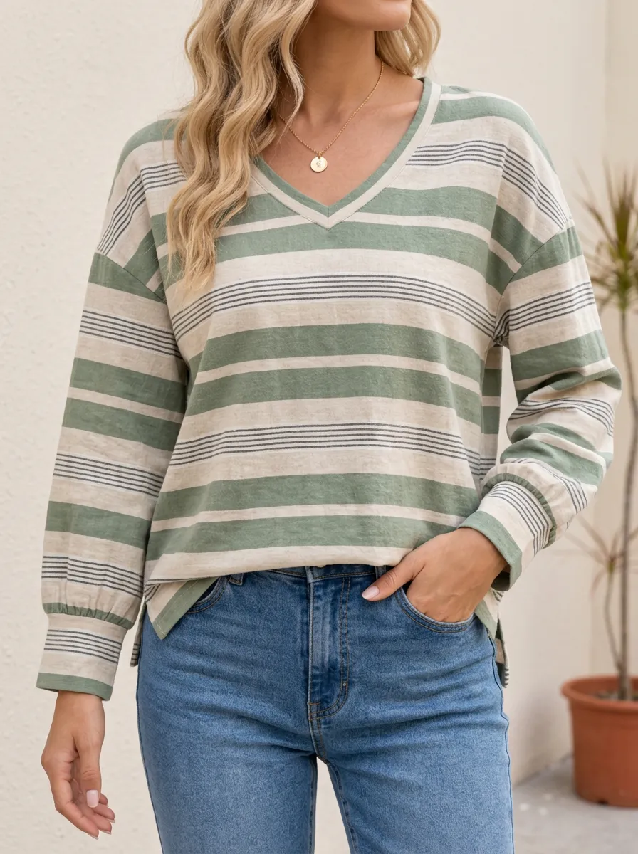 Striped Printed V Neck Top with Easy Wear Appeal