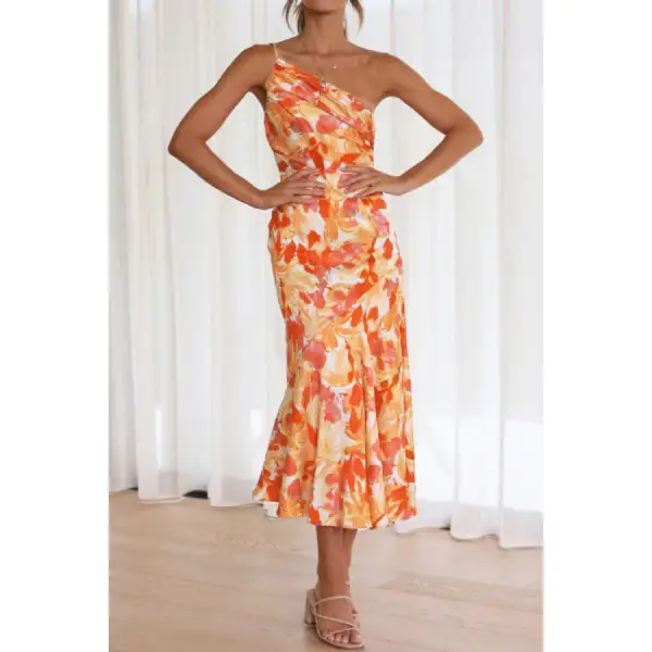 Shoulder Ruched Single Shoulder Midi Dress