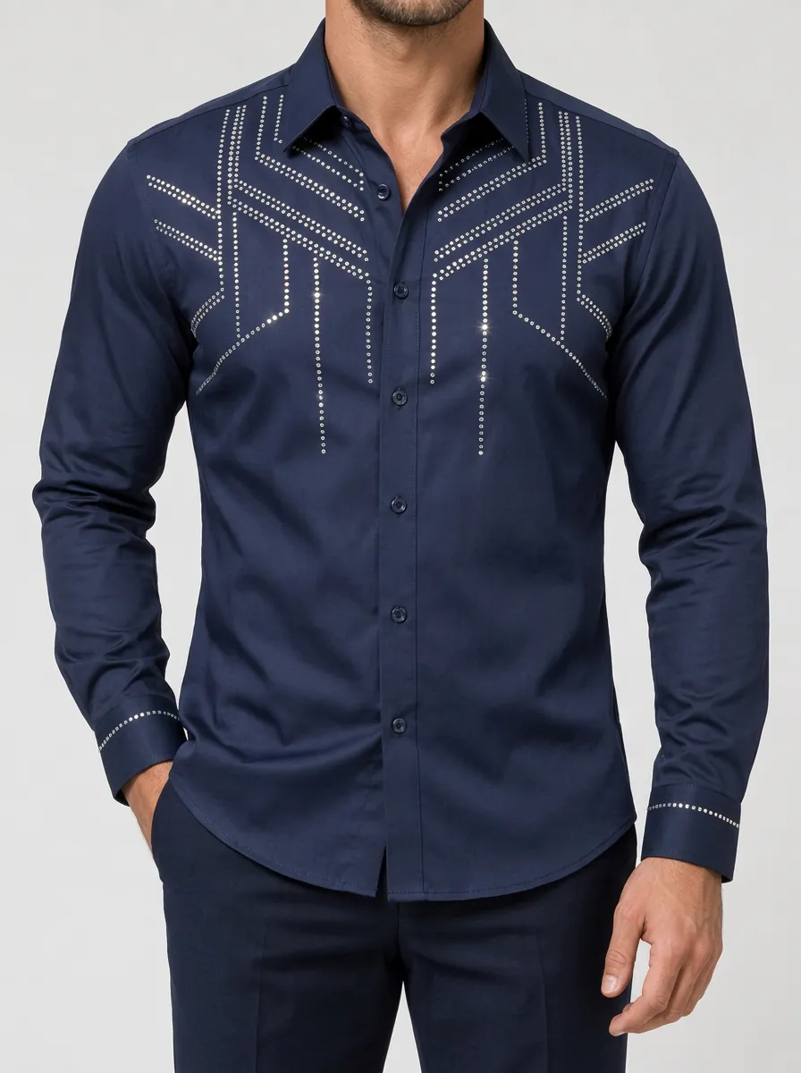 Geometric Rhinestone Print Shirt in Deep Navy