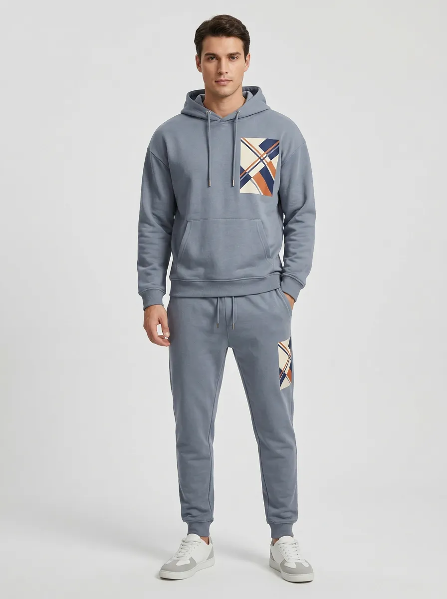 Men's Geometric Plaid Pattern Printed Hoodie Jogger Set