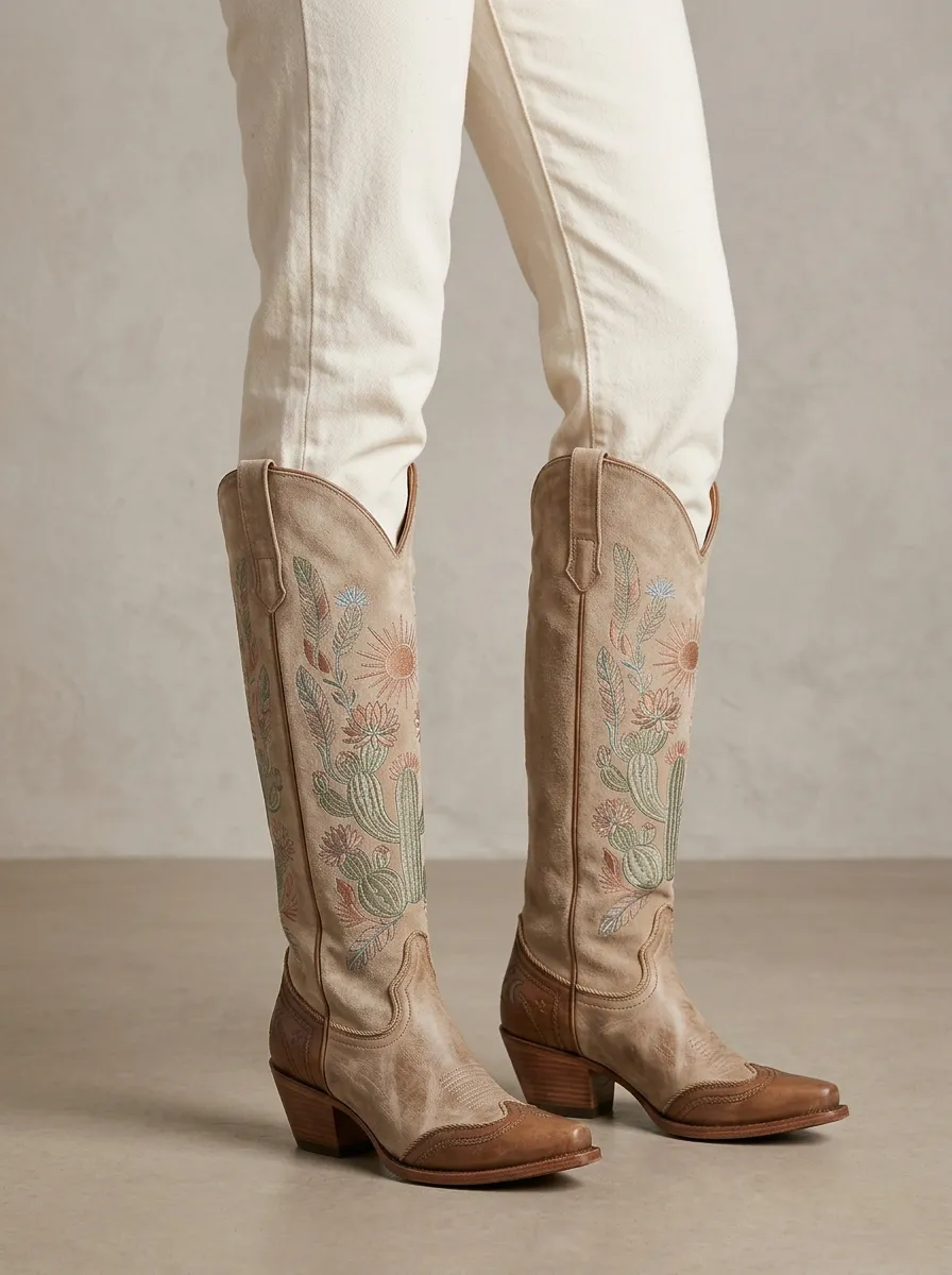Women's Western Cactus Floral Sun Moon Star Embroidered Denim Over-the-Knee Boots