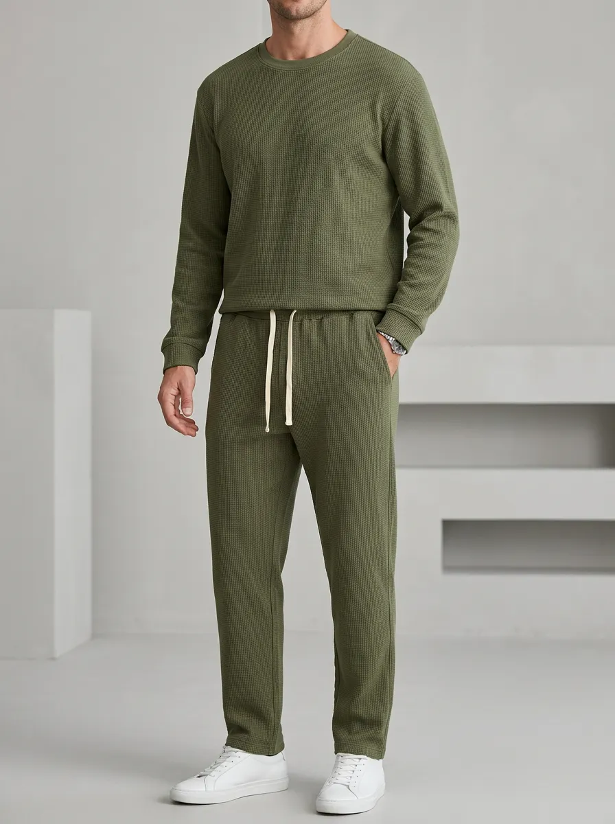 Minimal Waffle Knit Waffle Texture Casual Look Men's Waffle Knit Lounge Set