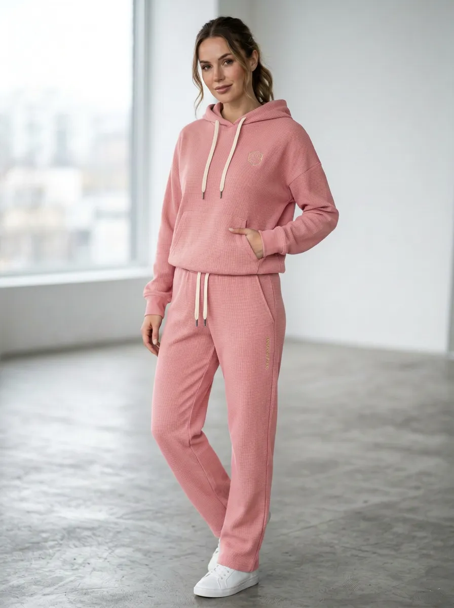Women's Olive Waffle Knit Geometric Logo Printed Hoodie Jogger Set