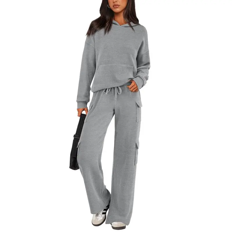 Womens Fall Outfit 2-Piece Knitted Sets Hoodie Tracksuits Wide Leg Pants With Pocket