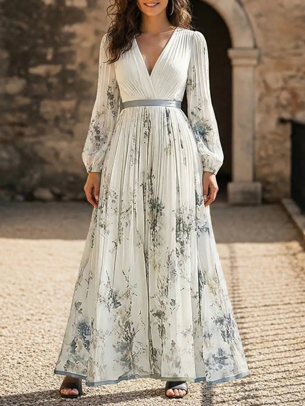 V-Neck Pleated Printed Slim Maxi Dress