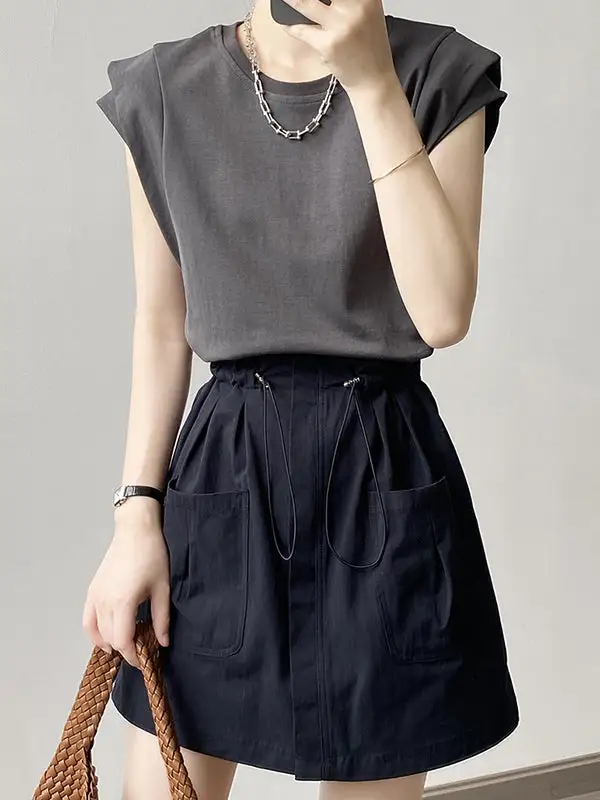 Relaxed Sleeveless Panel Detail Round Neck T-Shirt