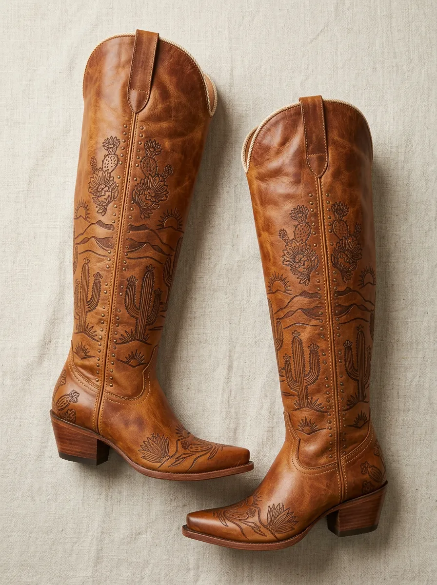 Women's Western Cactus Floral Embroidered Embossed Piped Studded Denim Over-the-Knee Boots