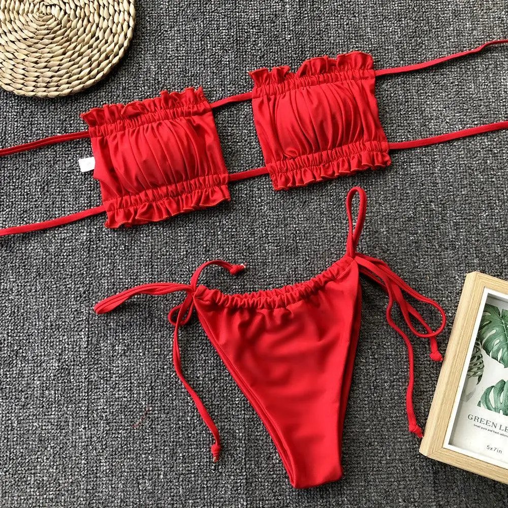 Frill Trim Ruched Bikini Swim Set