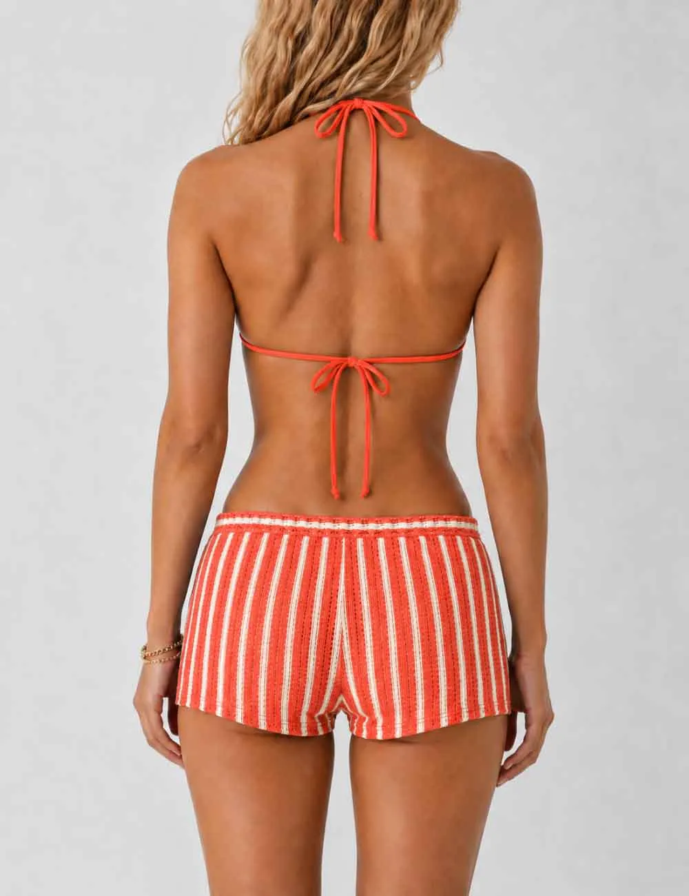 Crochet Triangle Three Piece Bikini Set with Cover Up Shorts