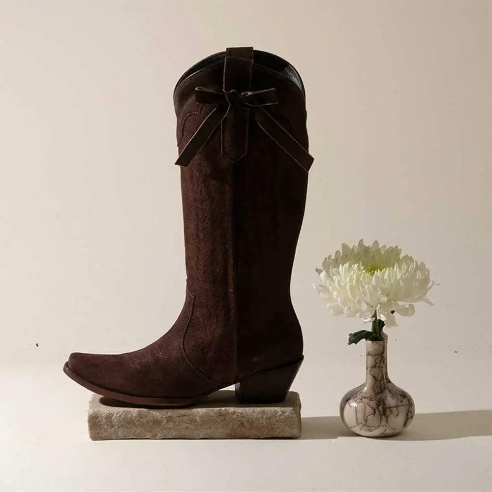 Faux-Suede Embroidered Snip-Toe Chunky-Heel Western Boots