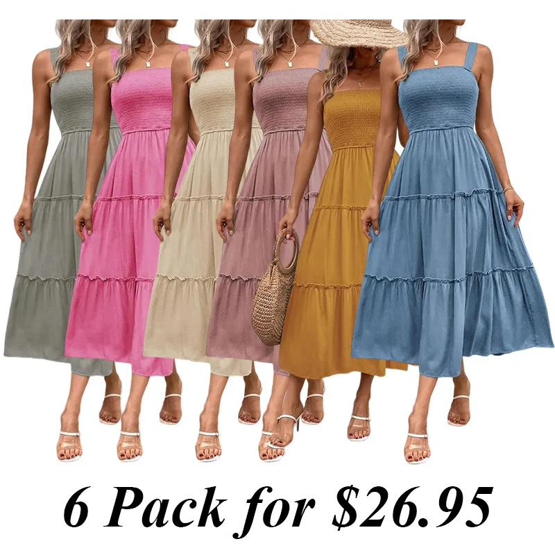 Women'S Frill Trim Ruffle Hem Shirred Backless Sundress Cami Dress, Sleeveless A Line Long Dress, Women'S Clothing For Summer Beach Holiday, Boho Clothes Women, Vintage Girly Clothes,