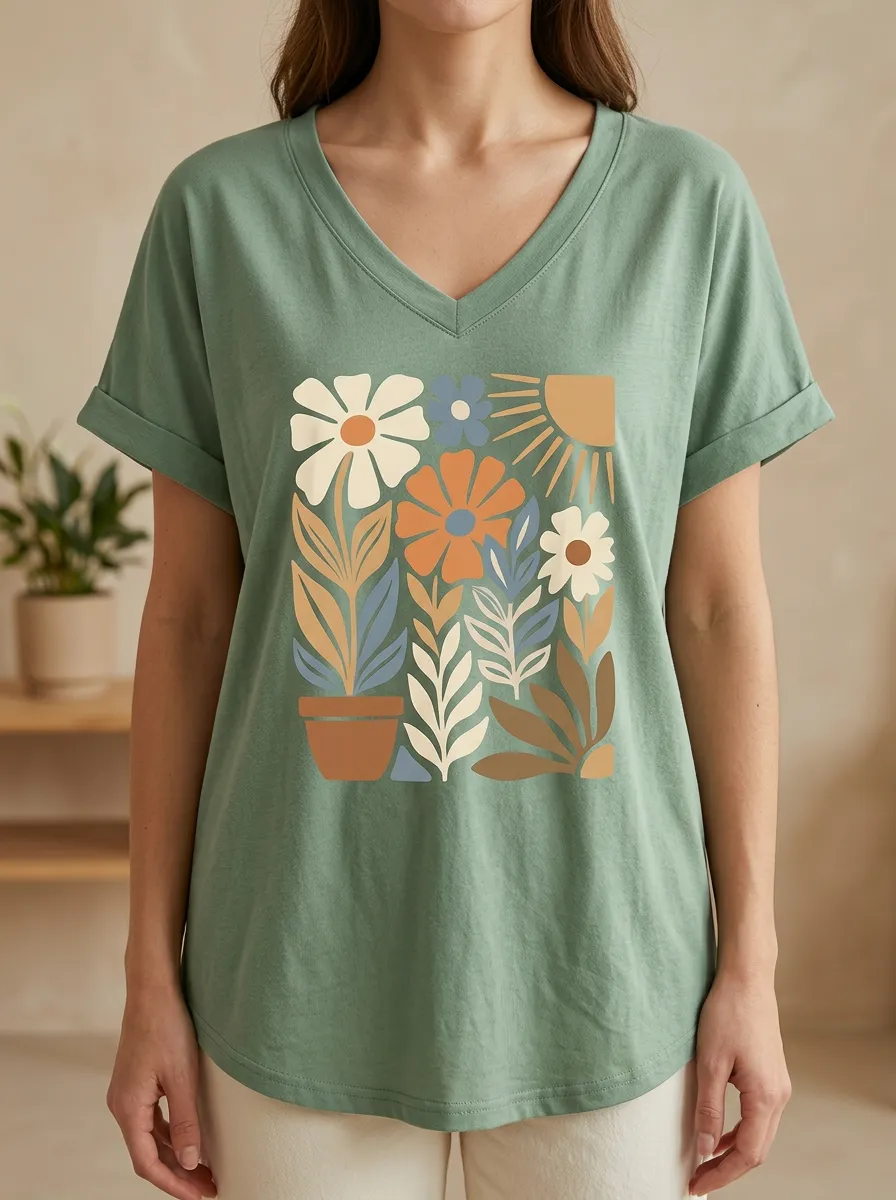 Women's Retro Floral Botanical Sun Print V-Neck T-Shirt