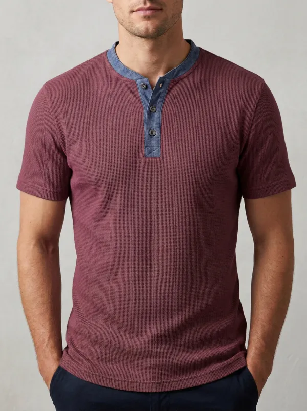 Men's Waffle Knit Contrast Button Henley Shirt