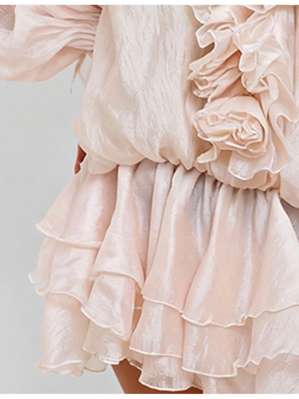 Ruffle Neck Sheer Chiffon Tiered Mini Dress