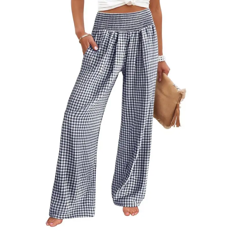 Women's High-Waisted Casual Striped And Checkered Wide-Leg Pants