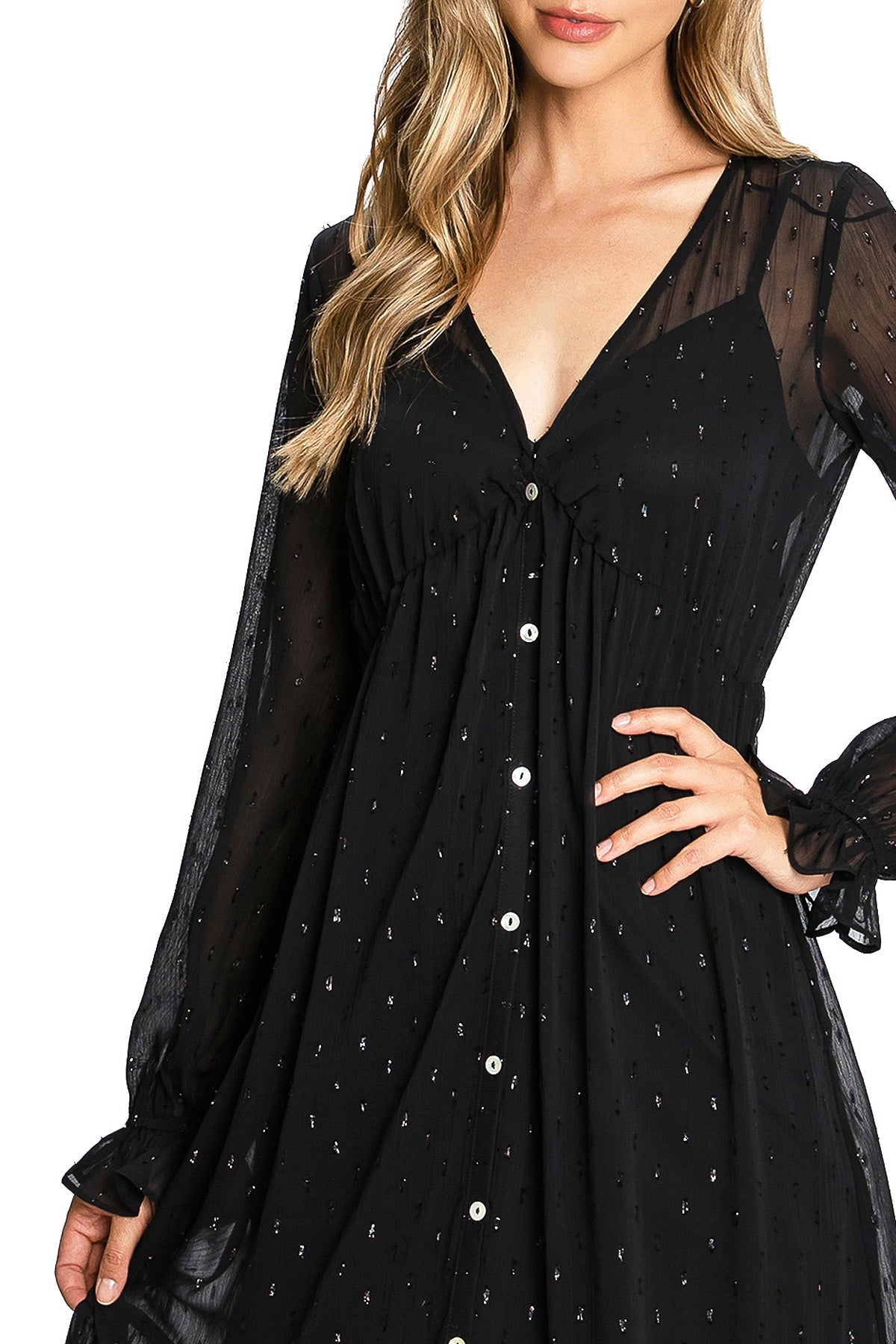 Black Chiffon - Sleeve Button - Front Maxi Dress
