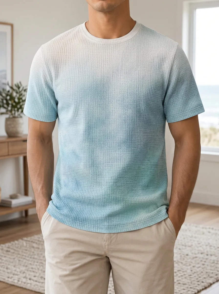 Men's Casual Ombre Waffle Knit Modern Crew Neck T-Shirt