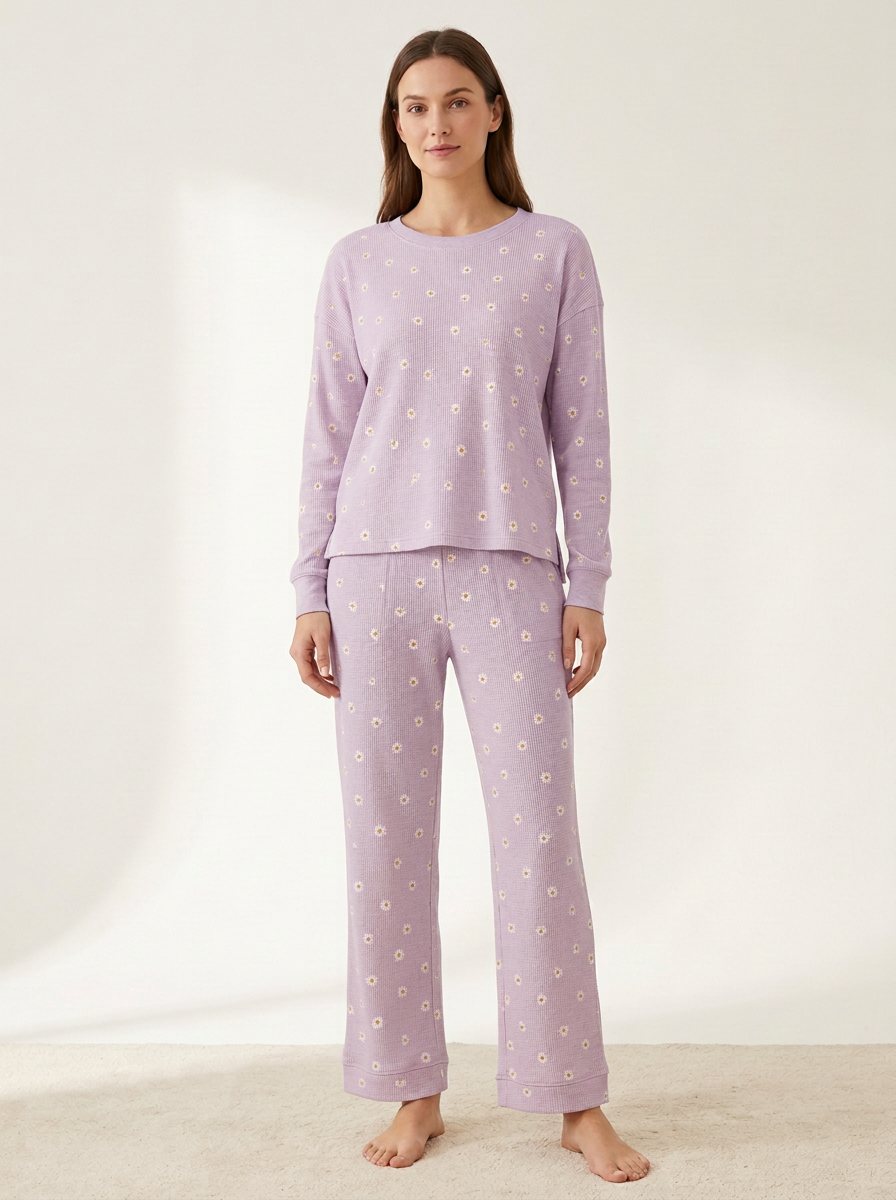 Women's Daisy Waffle-Texture Side-Vent Lounge Set