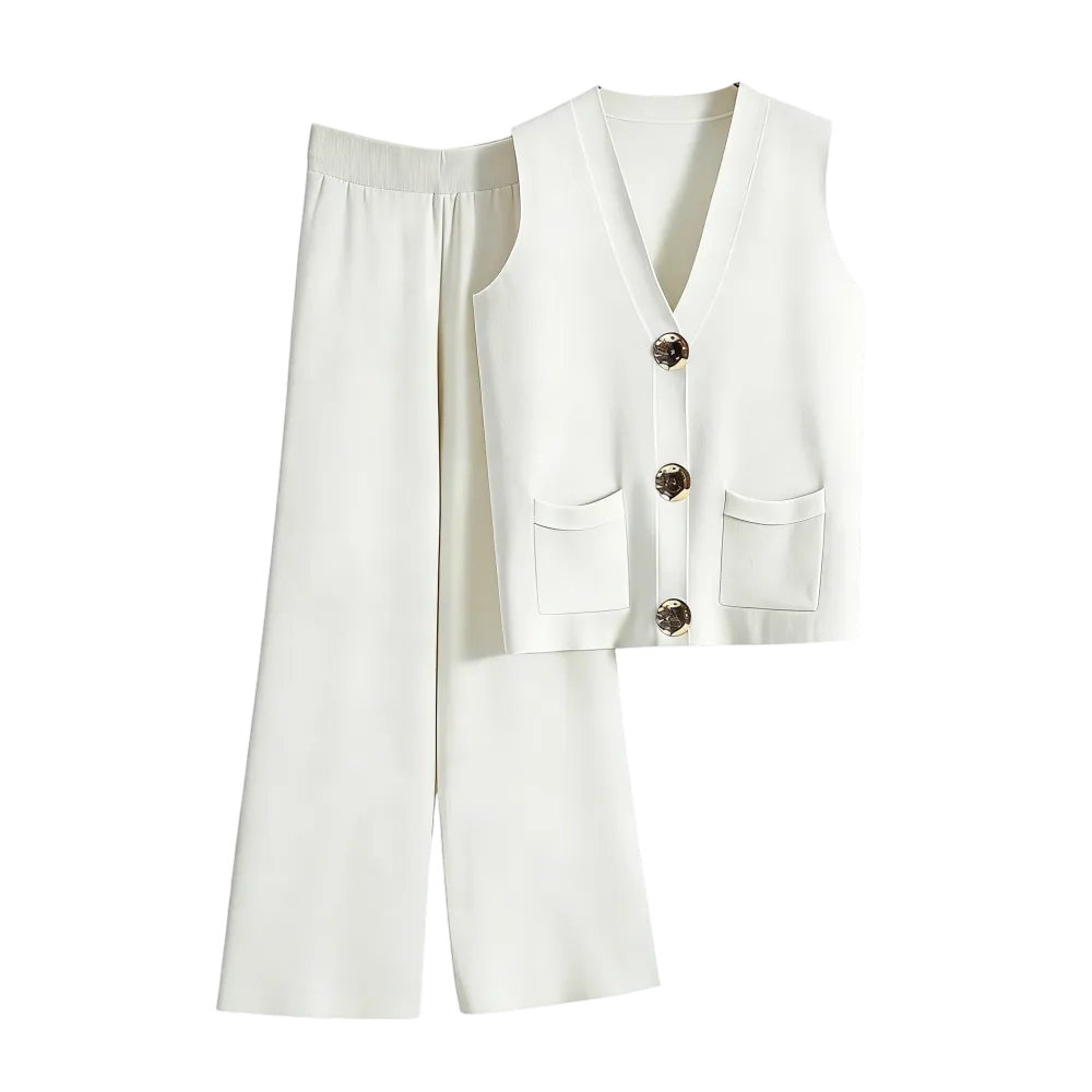 Women's Elegant V Neck Gold-Toned Button Decor Tank Top & Wide Leg Trousers Co-ord