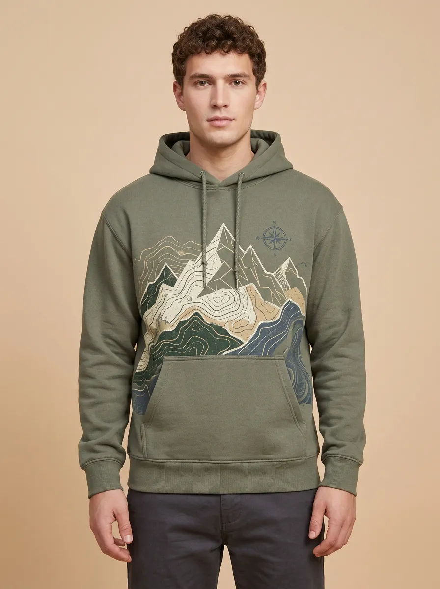 Men's Mountain Hiking Topographic Compass Graphic Hoodie