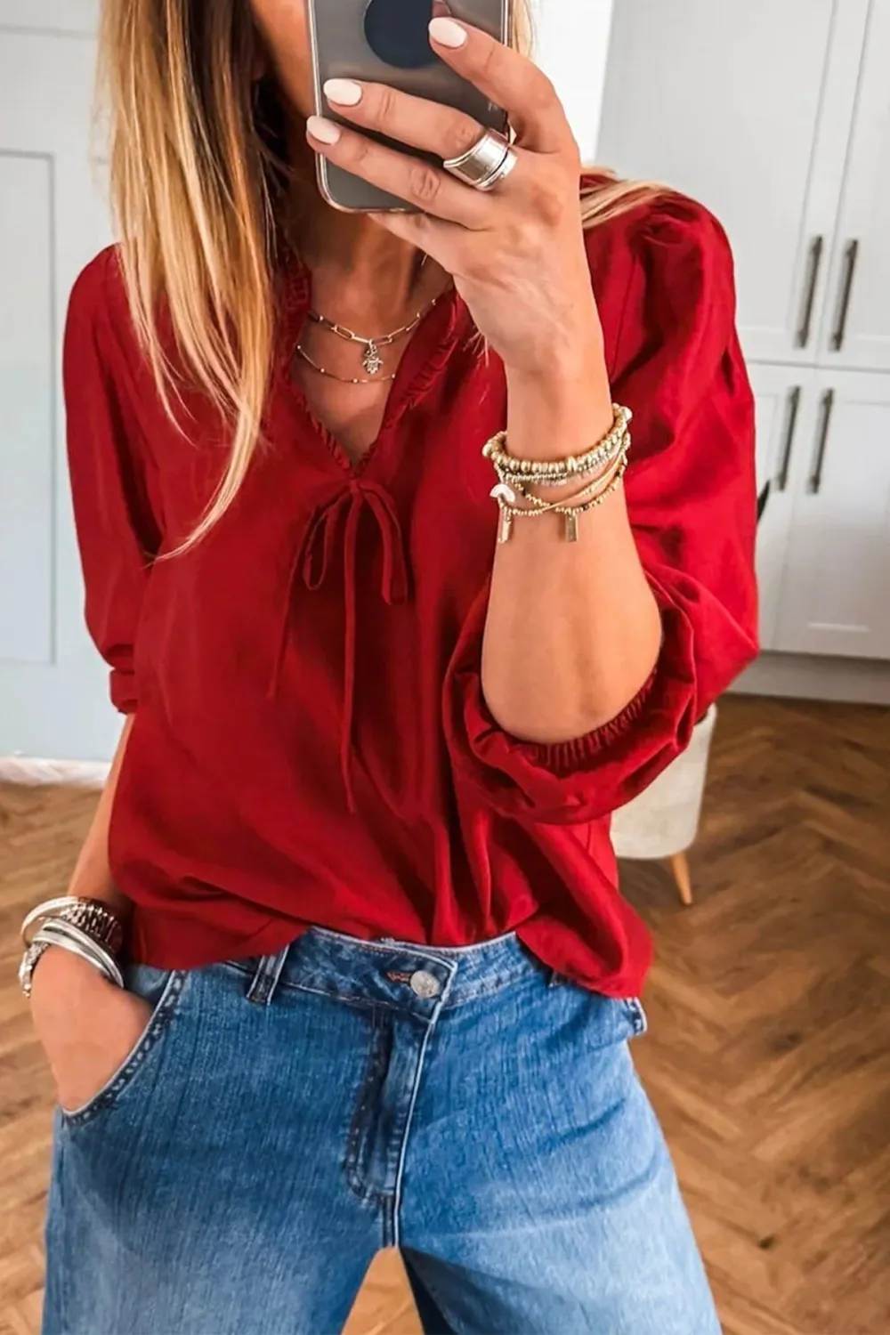 Frilled Bow Detail V-Neck Blouse