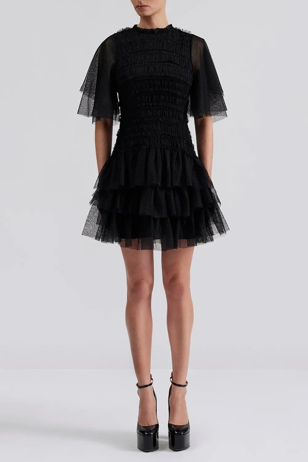 Mesh Ruffled Short Sleeve Mini Dress