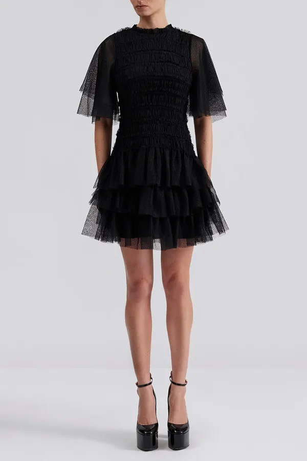 Mesh Ruffled Short Sleeve Mini Dress