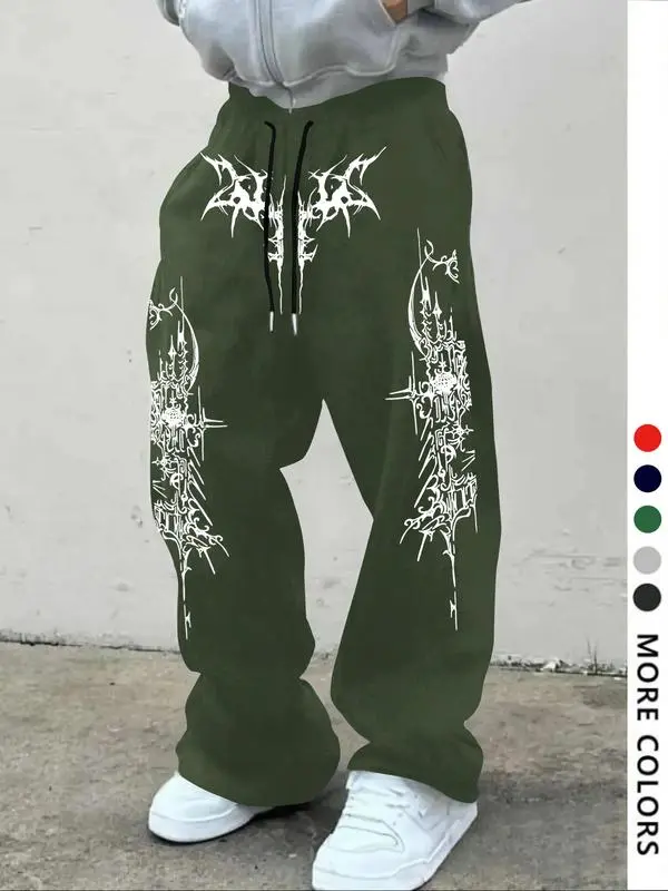 Men's Casual Slant Pocket Loose-Fit Drawstring Pants, Geometric Pattern Print Sweatpants, All-Season Comfortable Men's Clothing