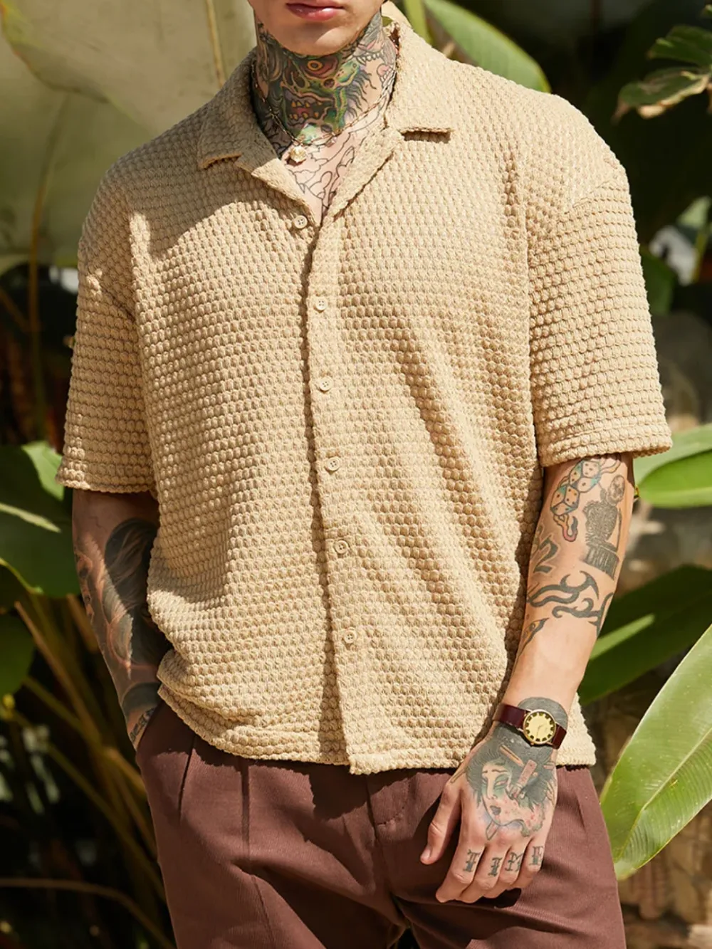 Beige Casual Style Knit Oversized Shirt