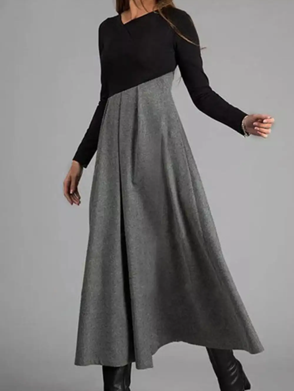 Contrast Detail V-Neck Long-Sleeved Dress