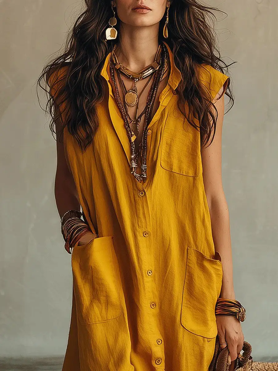 Loose Buttoned Sleeveless Maxi Dress