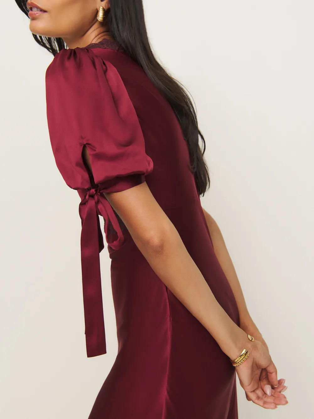 Lace Trimmed Tie Sleeve Silk Midi Dress