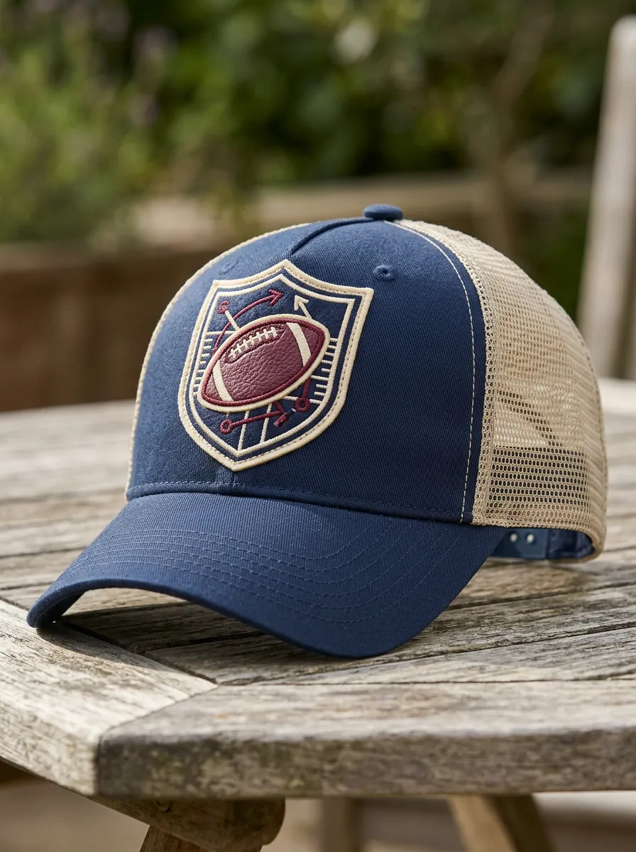Men's American Football Shield Logo Embroidered Mesh Trucker Hat