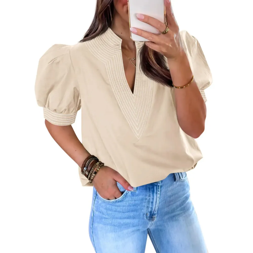 Womens Puff Short Sleeve Blouses Summer Casual Dressy Contrast Stitch