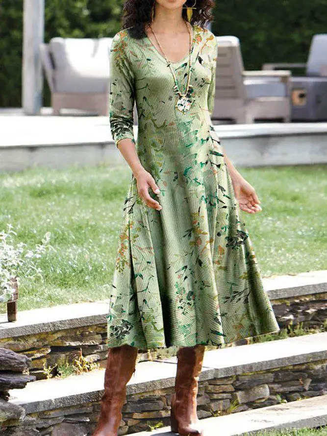 Women's Long Sleeve Flower Print Dress