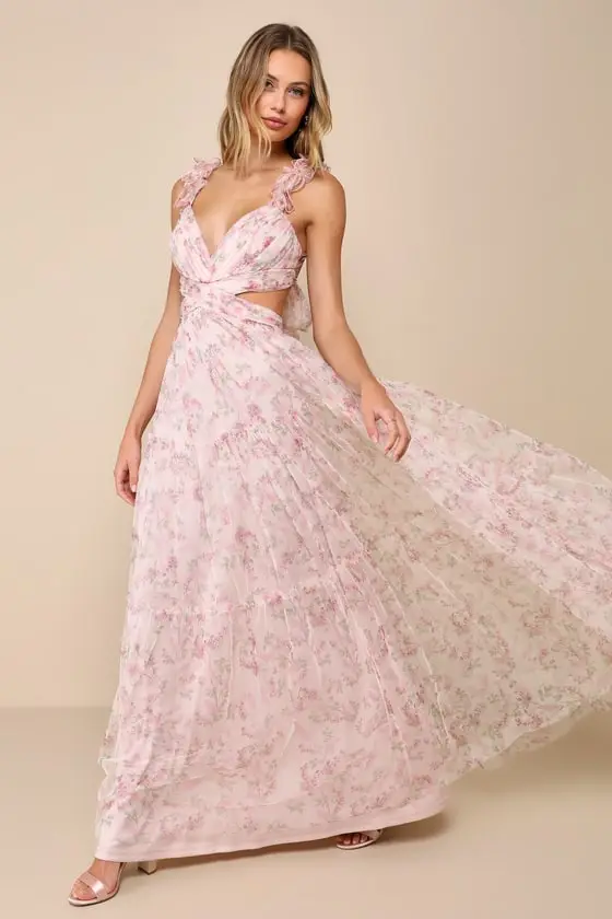 Ethereal Love Blush Floral Pleated Tiered Tie-Back Maxi Dress