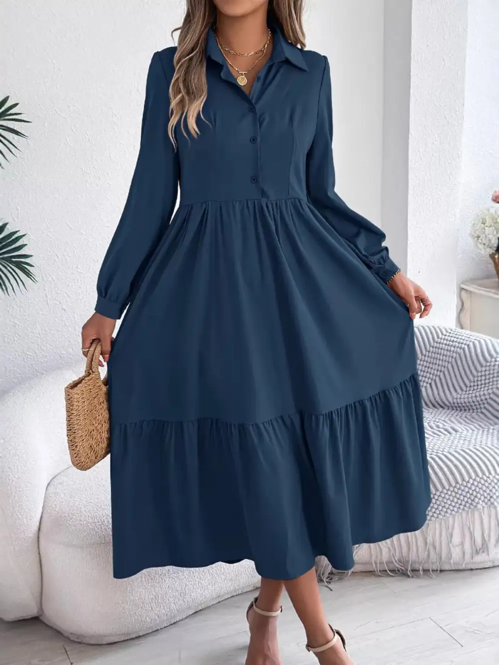 Button Front Tiered Long Sleeve Midi Dress