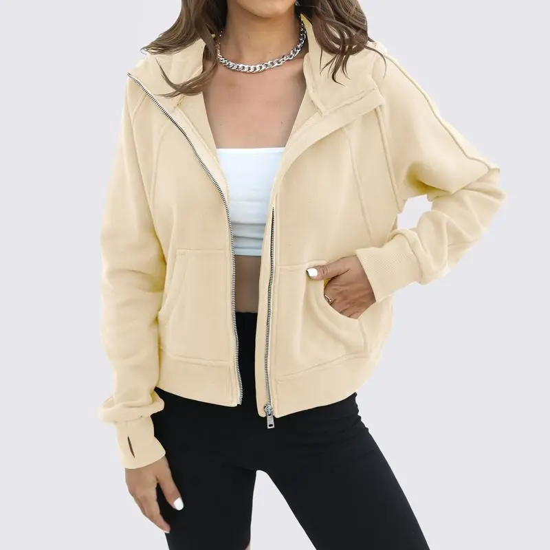 Womens Zip Up Sweatshirts Fleece Lined Collar Crop Hoodie Casual Cotton Long Sleeve Tops with Thumb Hole
