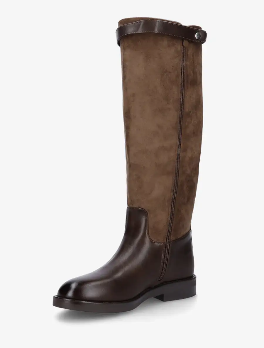 Classic Buckle Detail Block Heel Faux Suede Faux Leather Knee High Boots