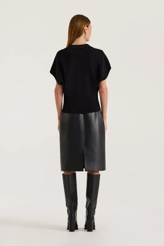 Black Waisted Polo Knit Top