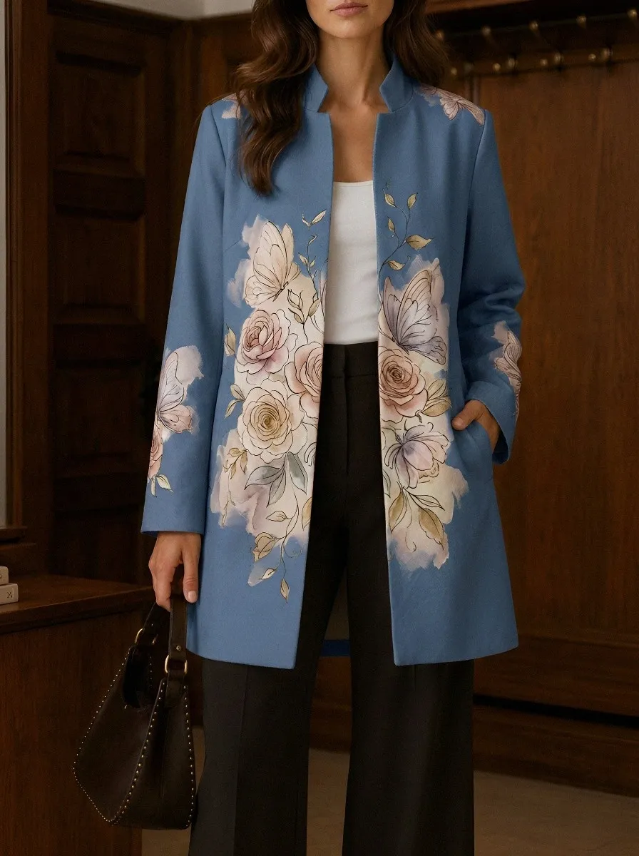 Women's Floral Butterfly Watercolor Printed Coat