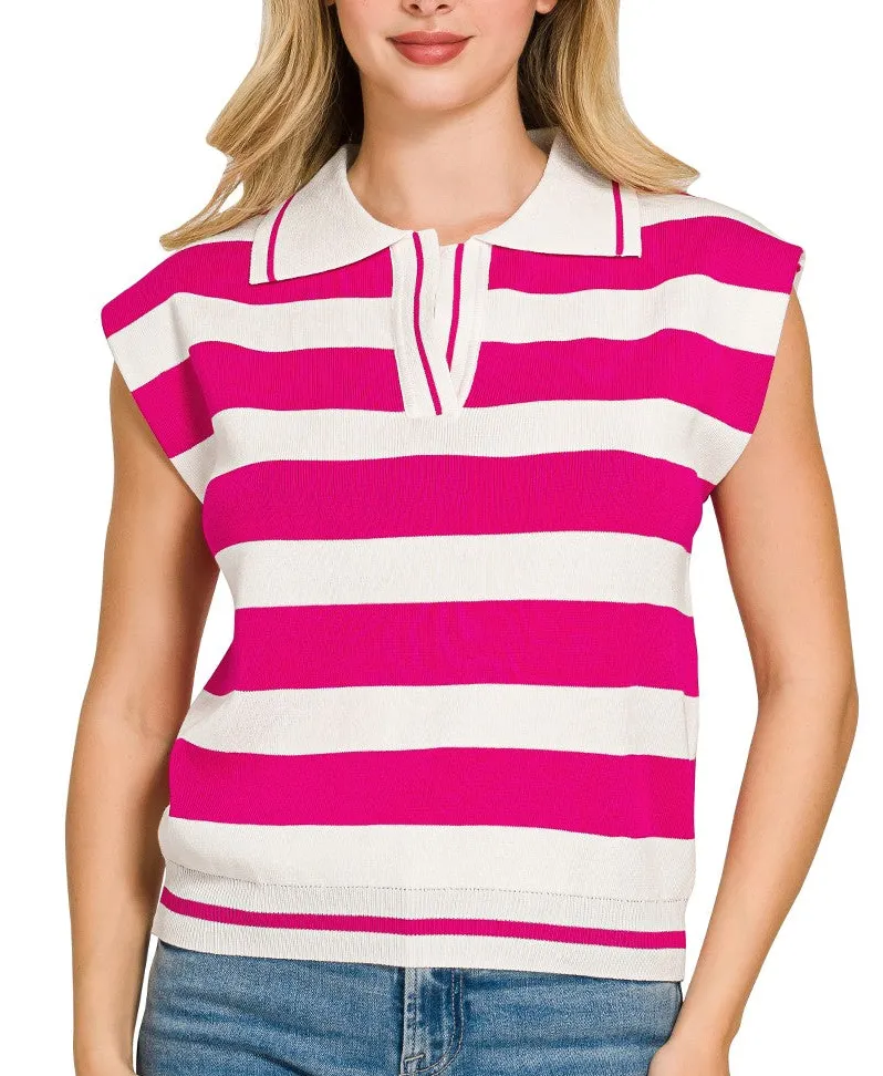 Relaxed Viscose Striped Collared Sweater Vest