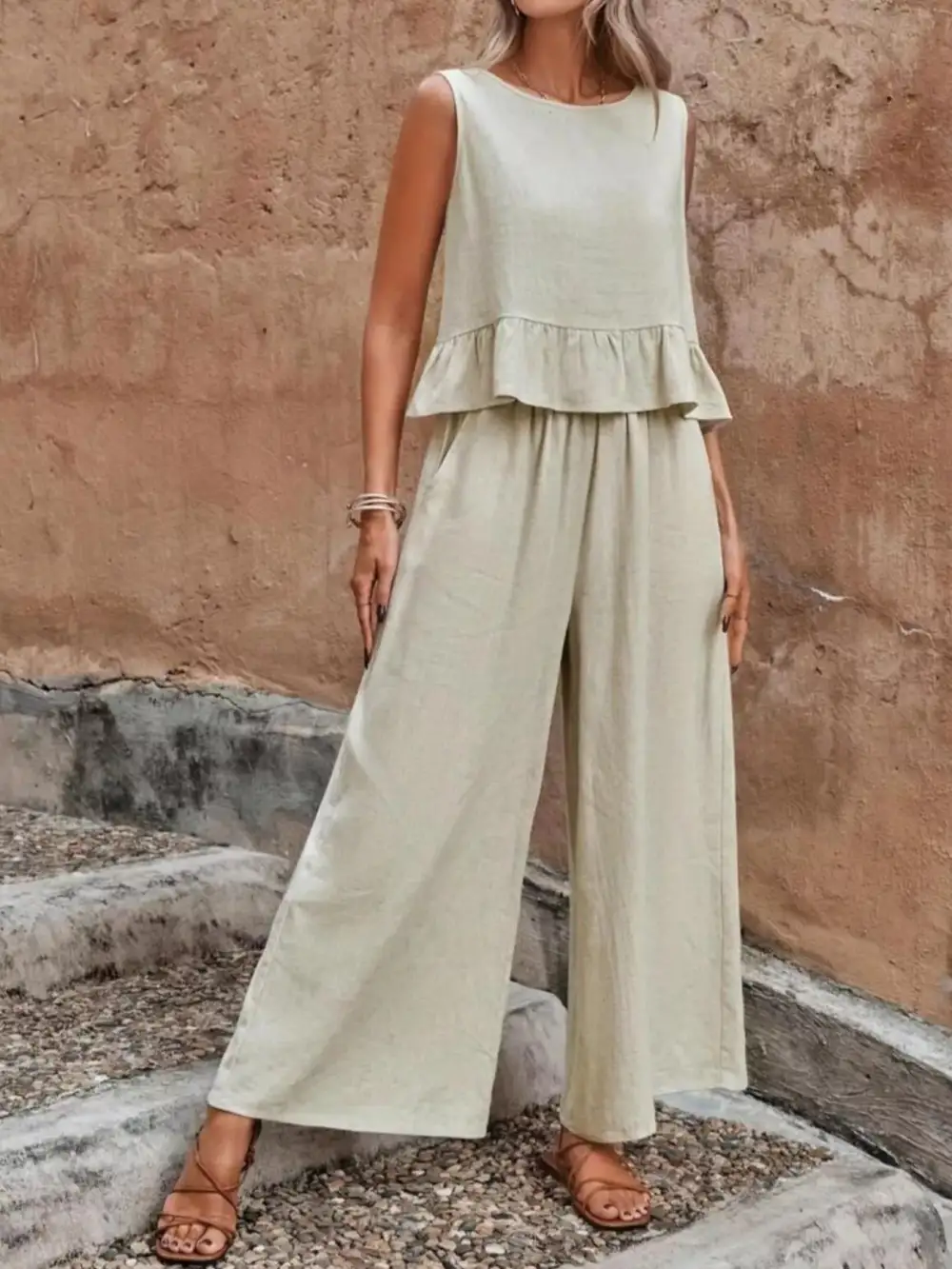 Sleeveless Ruffle Hem Top and Wide Leg Pants Two
