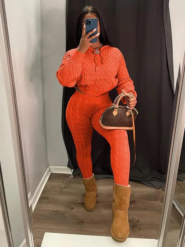 Women's Minimalist Textured Long Sleeve Crop Hooded Sweater& High Waist Skinny Pants Set