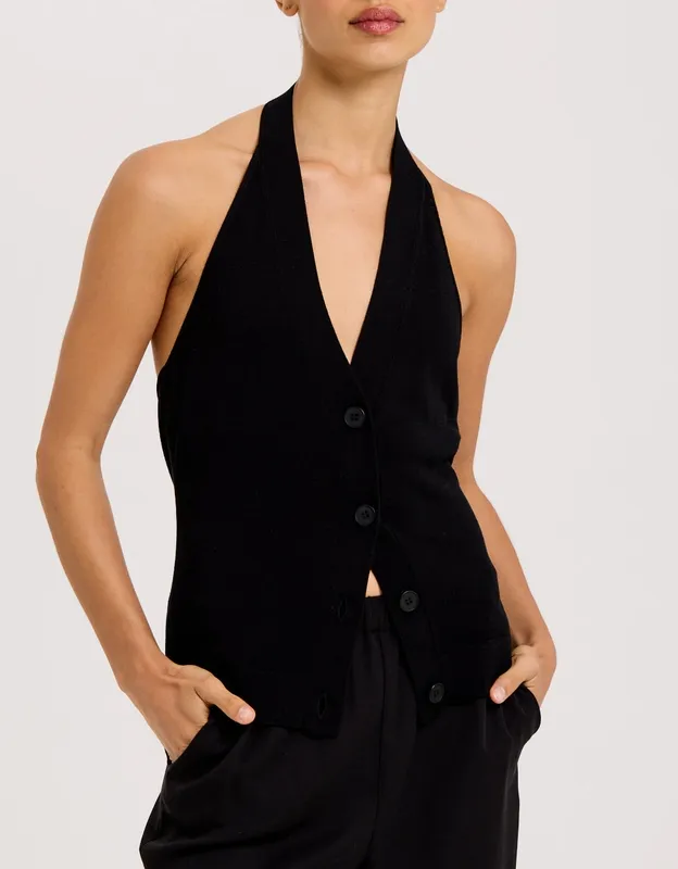 Black Open Back Halter Knit Vest